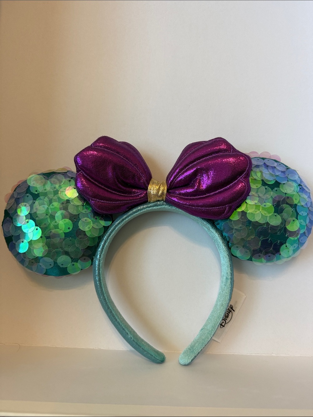 Disney Ariel Iridescent Teal Sequin Ear Headband with Metallic Purple Bow